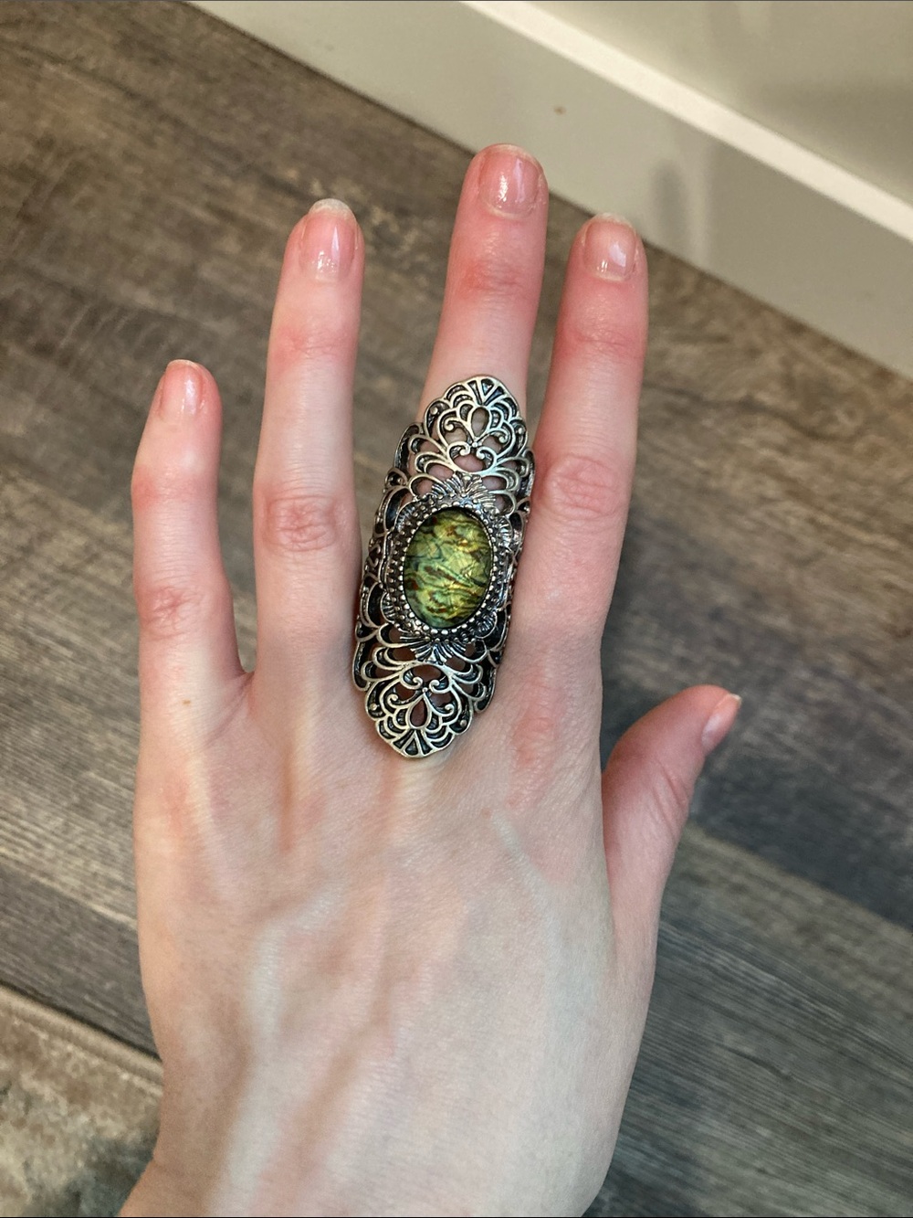 Vintage-Inspired Silver Filigree Statement Ring with Green Stone